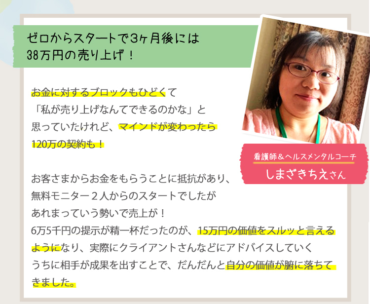 ［ゼロからのスタートで３ヶ月後には38万円の売り上げ！＜看護師＆ヘルスメンタルコーチ：しまざきちえさん＞］
                                         お金に対するブロックもひどくて「私が売り上げなんてできるのかな」と思っていたけれど、マインドが変わったら120万の契約も！
                                         お客様からお金をもらうことに抵抗があり、無料モニター2人からのスタートでしたがあれまっていう勢いで売上が！
                                         ６万５千円の提示が精一杯だったのが、15万円の価値をスルッと言えるようになり、実際にクライアントさんなどにアドバイスしていくうちに
                                         相手が成果を出すことで、だんだんと自分の価値が腑に落ちてきました