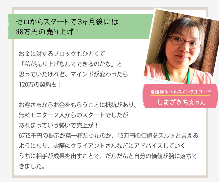 ［ゼロからのスタートで３ヶ月後には38万円の売り上げ！＜看護師＆ヘルスメンタルコーチ：しまざきちえさん＞］
                                         お金に対するブロックもひどくて「私が売り上げなんてできるのかな」と思っていたけれど、マインドが変わったら120万の契約も！
                                         お客様からお金をもらうことに抵抗があり、無料モニター2人からのスタートでしたがあれまっていう勢いで売上が！
                                         ６万５千円の提示が精一杯だったのが、15万円の価値をスルッと言えるようになり、実際にクライアントさんなどにアドバイスしていくうちに
                                         相手が成果を出すことで、だんだんと自分の価値が腑に落ちてきました
